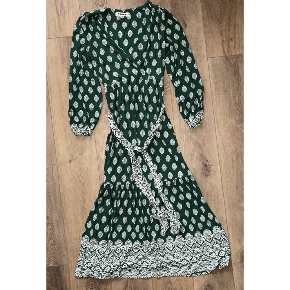 Boden Ophelia 4R Long Sleeve Maxi Wrap Dress Green White Printed Pockets - Picture 2 of 9